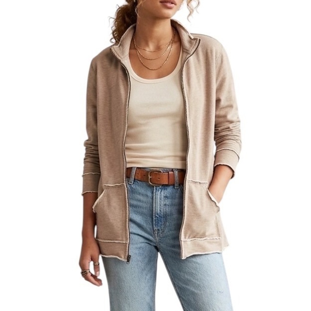 Gap Womens XXL Tan Heathered Full Zip Mock Neck Raw Edge Sweatshirt Jacket
